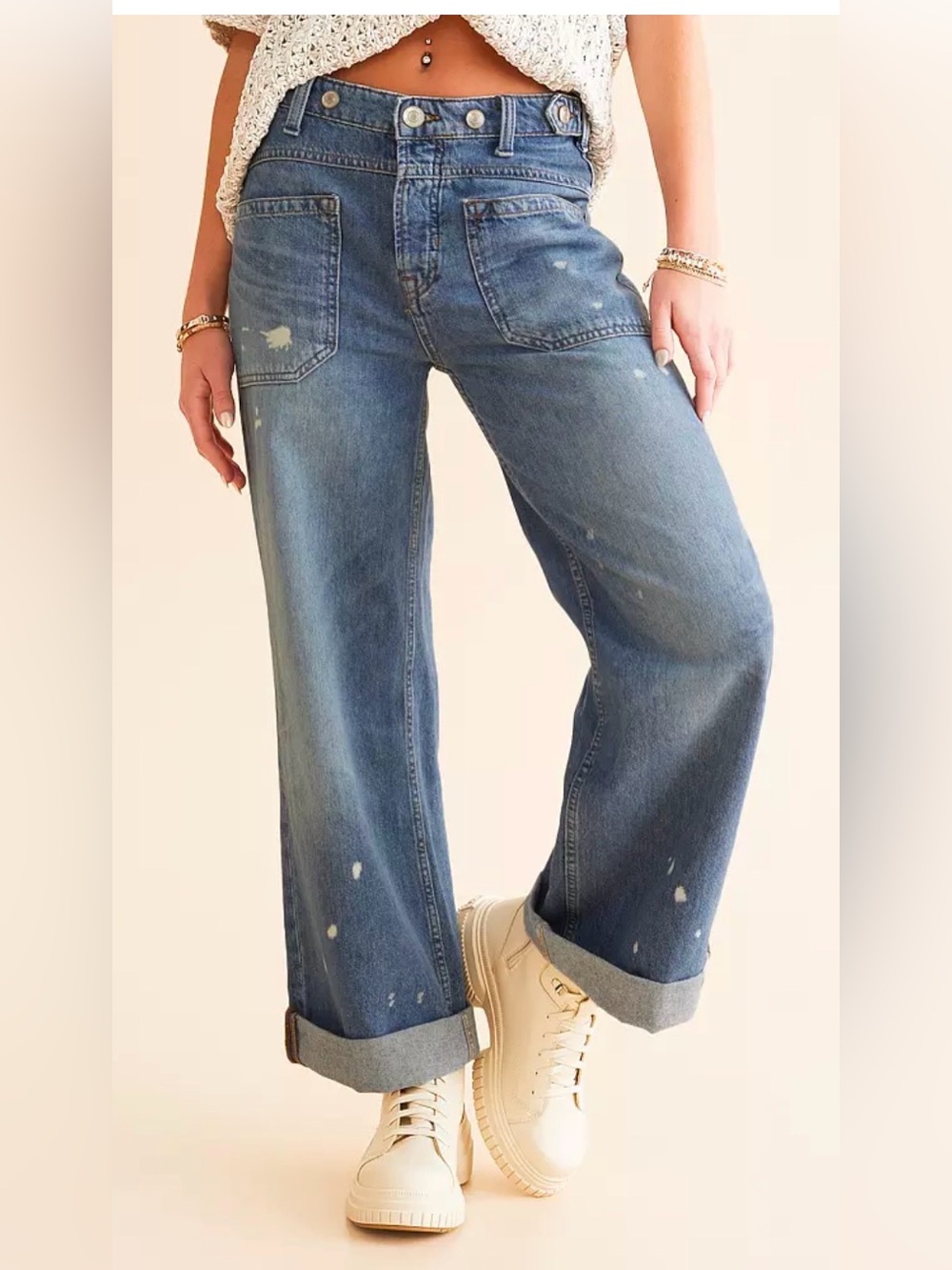 Free People We The Free Palmer Wide-Leg Jeans in Distressed Blue Wash